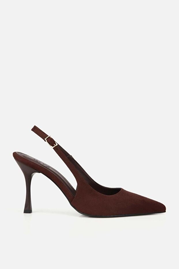 Woman's brown Suede pointed toe open back Stiletto Heel u shoe