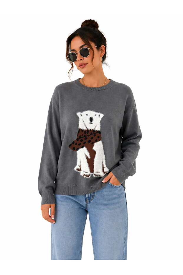 Women's Gray Crew Neck Fleece Dog Pattern Sweater