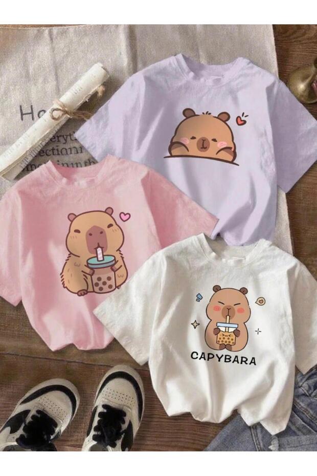 Girls' Capybaras Drink Printed 3-Pack T-Shirt