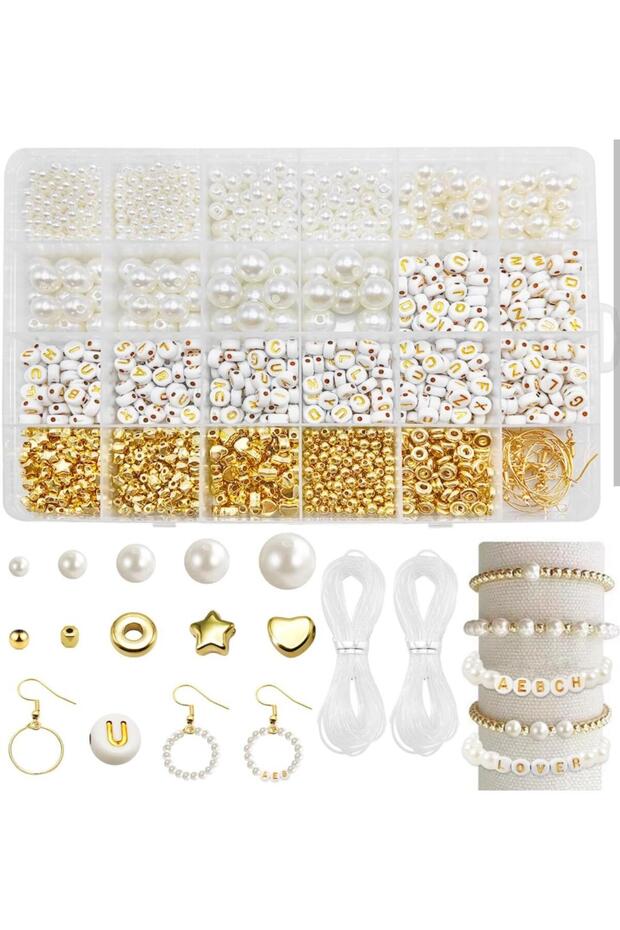 Giant Pearl Gold Spacer and Letter Beaded Mega Bracelet Necklace Earring Making Kit