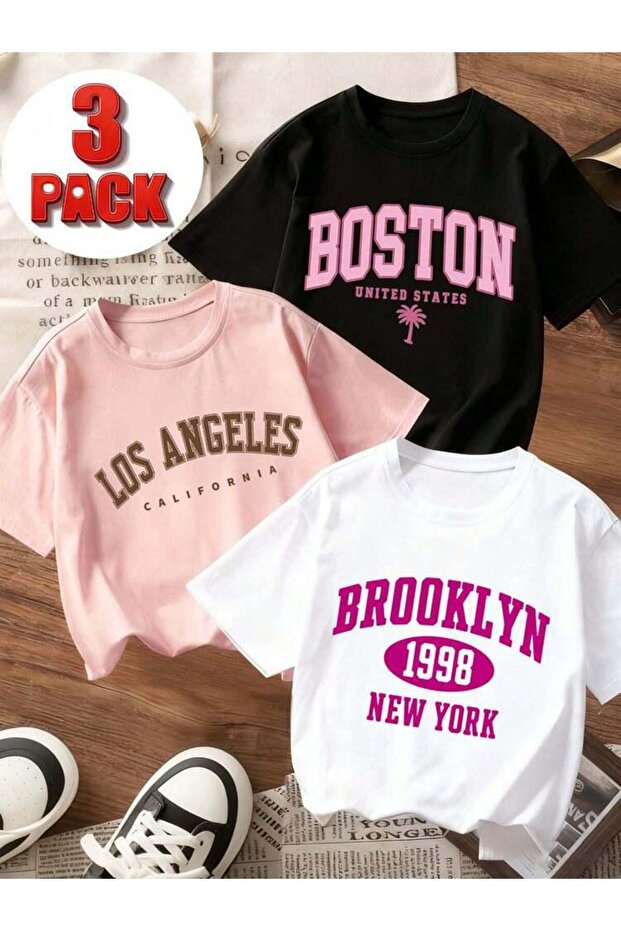 Girls' Boston-Losangeles-Brooklyn Printed 3-Pack T-Shirt