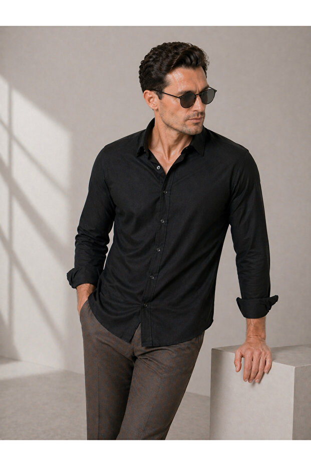 Regular Fit Long Sleeve Breathable Anti-Sweat Linen Textured Black Men's Shirt