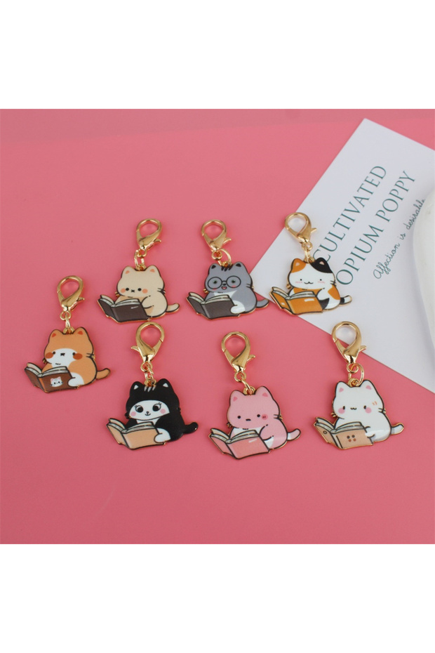 style 2 7pcs/pack Cute Red Book Cat Cartoon Keyring Animal Metal Key Chains Kawaii Keychains Bag Key