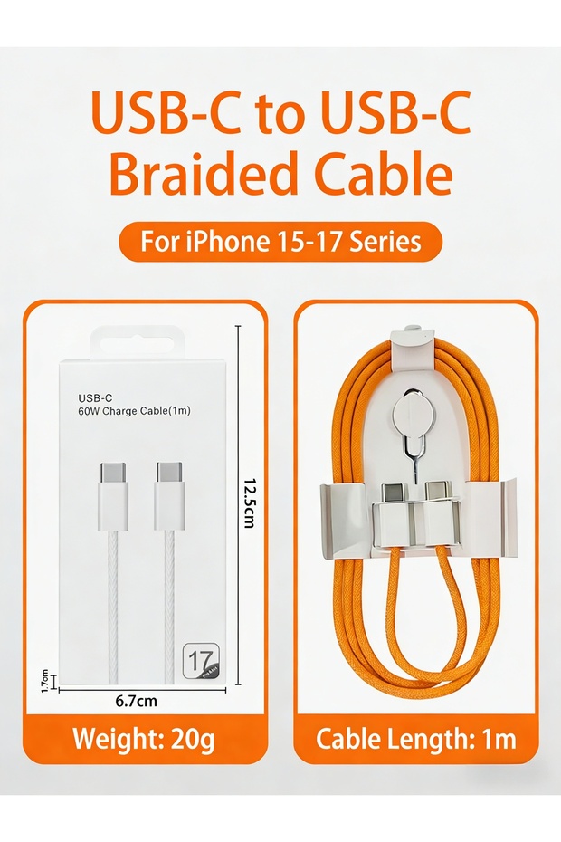 كابل USB-C إلى USB-C بقوة 60 واط للشحن السريع، سلك شحن مجدول بطول 1 متر وسرعة نقل بيانات 480 ميجابت في الثانية لسلسلة آيفون 15/16/17