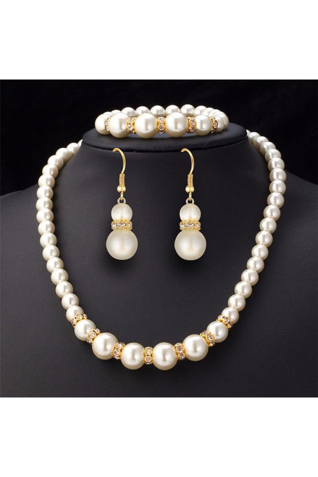 one size 3in1 Set Elegant Simulated Pearl Necklace Earrings Bracelet Long Necklace Women Bridal Wedd