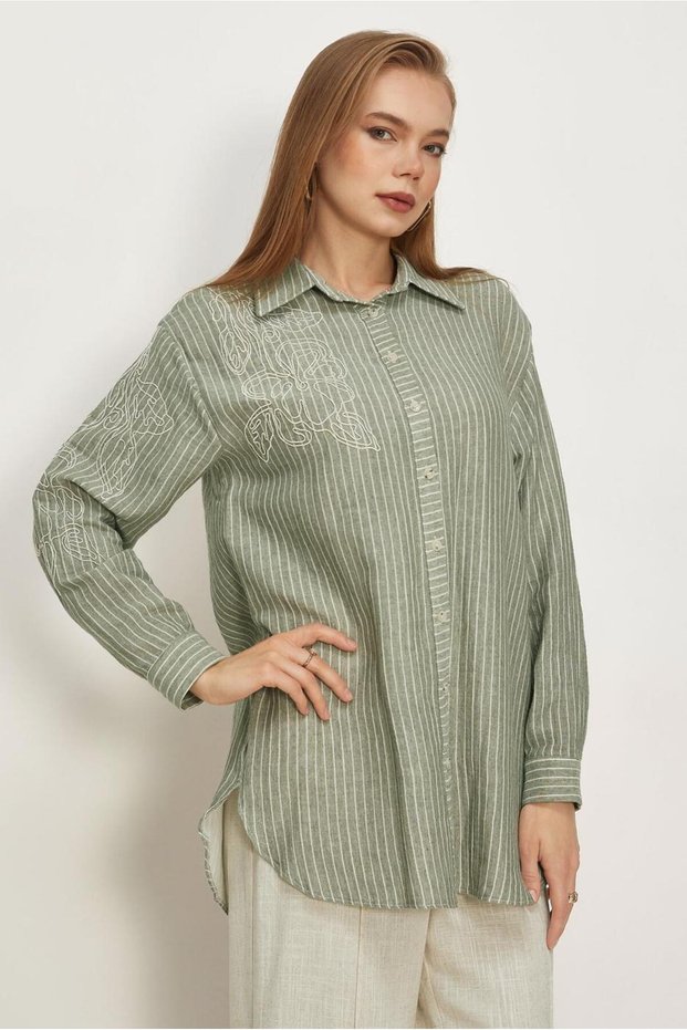 Striped Muslin Shirt Collar Tunic 46513