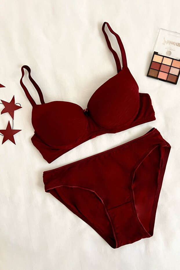 Combed Cotton Support Bra Set Burgundy - 3