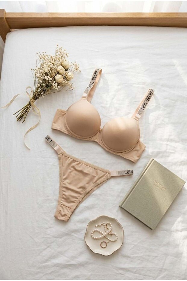 Micro Fabric Solid Color Stone-Embellished Supportive Bra Set Skin Color