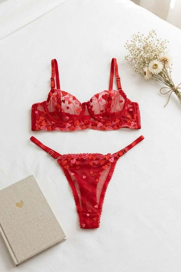 Heart Pattern Bralet Set Bra Set Red - 1