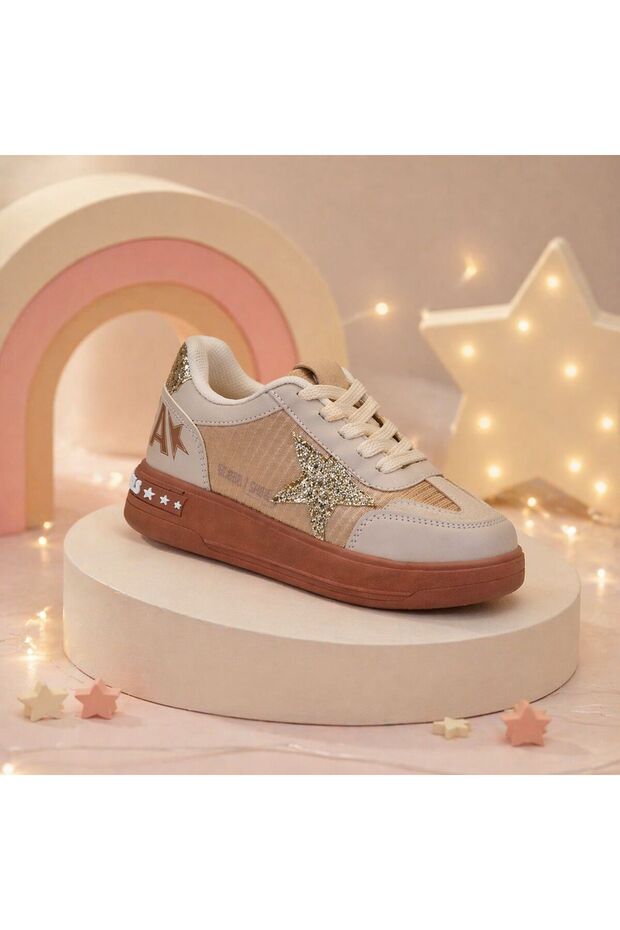 Girl's Glittery Star Detailed Lace-Up Casual Sneaker Sports Shoes