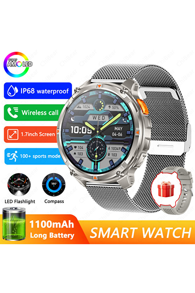 1100mAh Silver mesh belt 2026 New T-Rex3 Pro 1100mAh Battery Smart Watch GPS path 5ATM Waterproof Sp