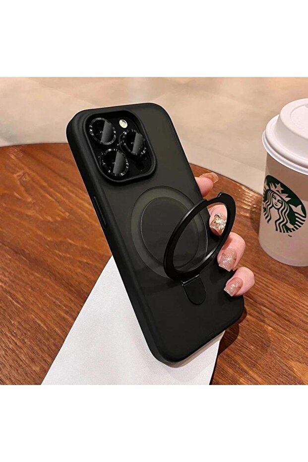 For iphone14Pro Black Matte Ring Holder Glass Lens Phone Case For iPhone 16 17 15 14 13 12 11 Pro Ma