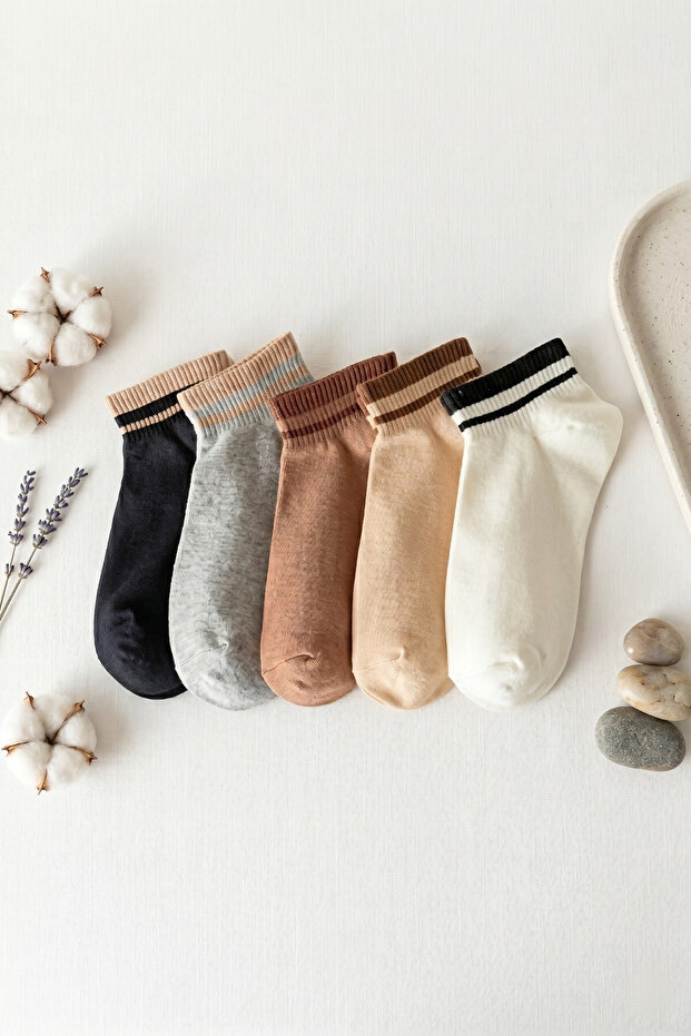 Women's Double Striped Cotton Booties Socks 5-Pack - Mixed Colors