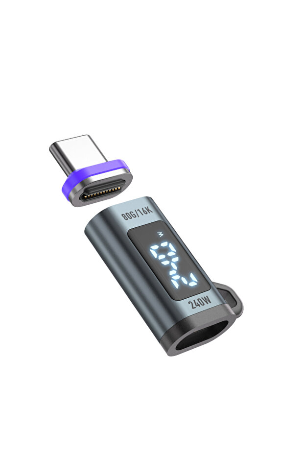 محول USB-C 1PC 16K من النوع C إلى النوع C بقوة 240 واط مع شاشة رقمية مغناطيسية، سرعة نقل بيانات 80 جيجابت في الثانية، شحن سريع 5 أمبير