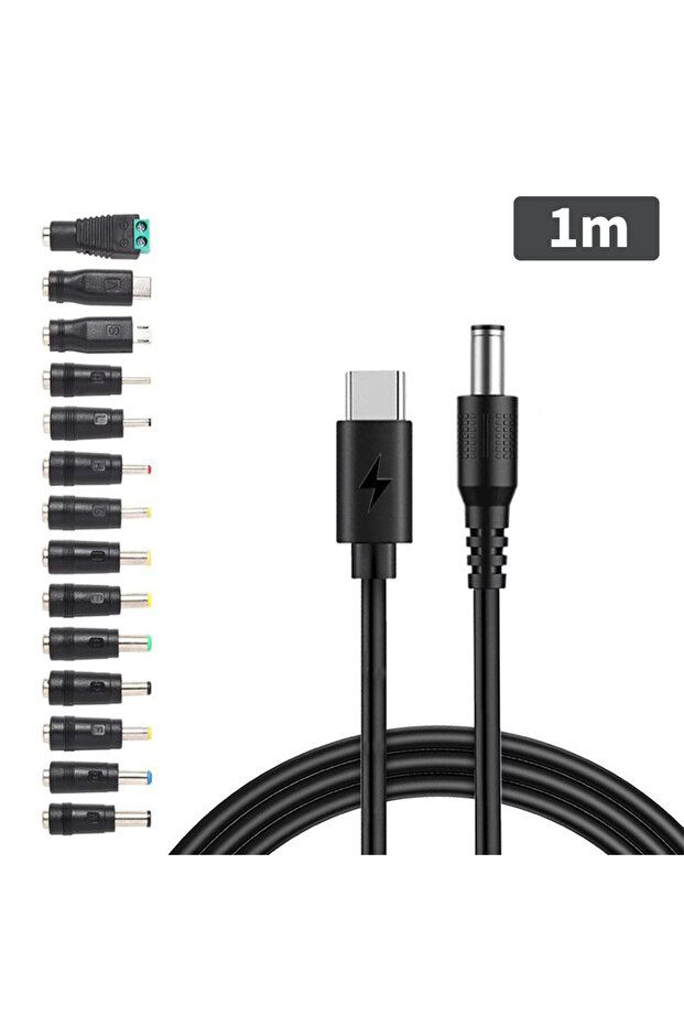 كابل طاقة أسود بطول 1 متر من النوع C إلى DC 5.5 مم، خط شحن سريع 5 فولت مع 14 محول، USB C إلى DC