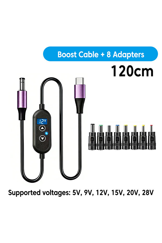 كابل محول USB C إلى DC مع خاصية زيادة الطاقة 5V/9V/12V/15V/20V/28V قابل للتعديل