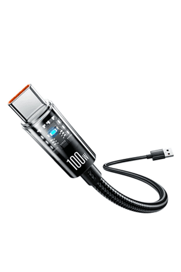 كابل بيانات USB Type C أسود بطول 2 متر، 100 واط، 6 أمبير، شحن سريع، إيقاف تشغيل تلقائي عند الشحن الكامل.