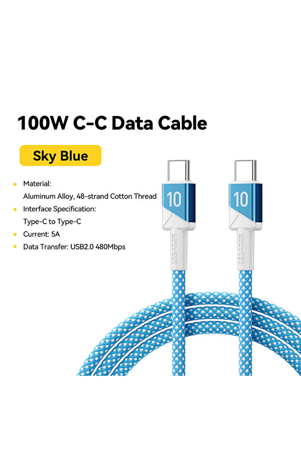 كابل ESSAGER 1 متر أزرق سماوي، USB C إلى USB C، 100 واط، 7 أمبير، سلك شحن سريع لهواتف آيفون 17/16/15/14