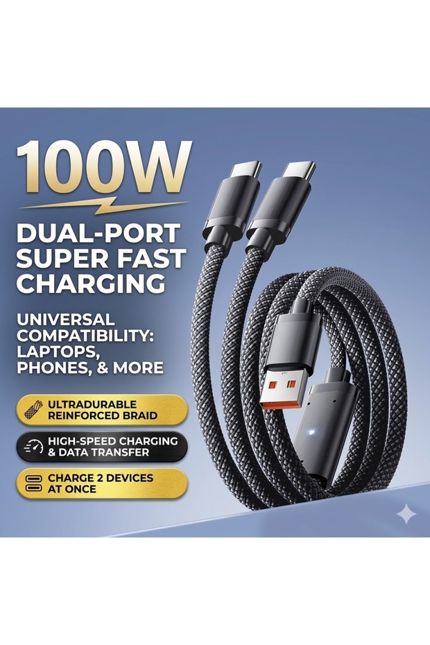 كابل شحن سريع متعدد المنافذ بطول 1.8 متر، أسود، 100 واط، منفذ USB مزدوج لأجهزة آيفون 16/17 - كابل واحد