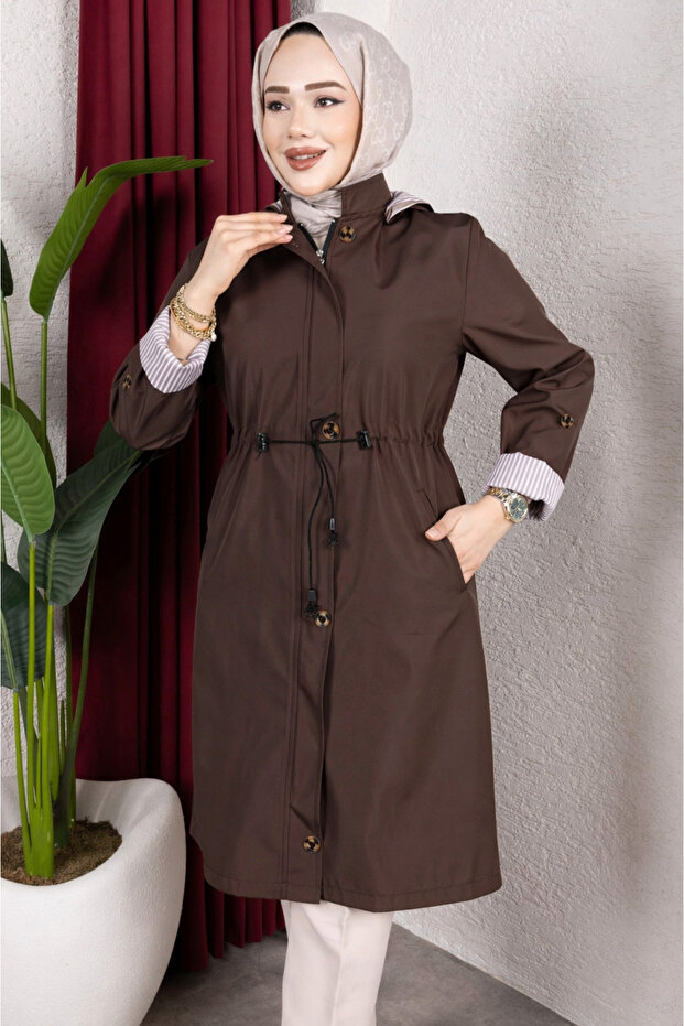 Detachable Hooded Striped Patterned Hijab Trench Coat - Brown