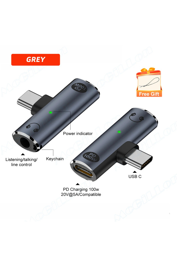 محول رمادي اللون 2 في 1 من USB Type C إلى مقبس سماعة رأس 3.5 ملم مع شاحن PD100W ومحول صوت Aux من النوع C