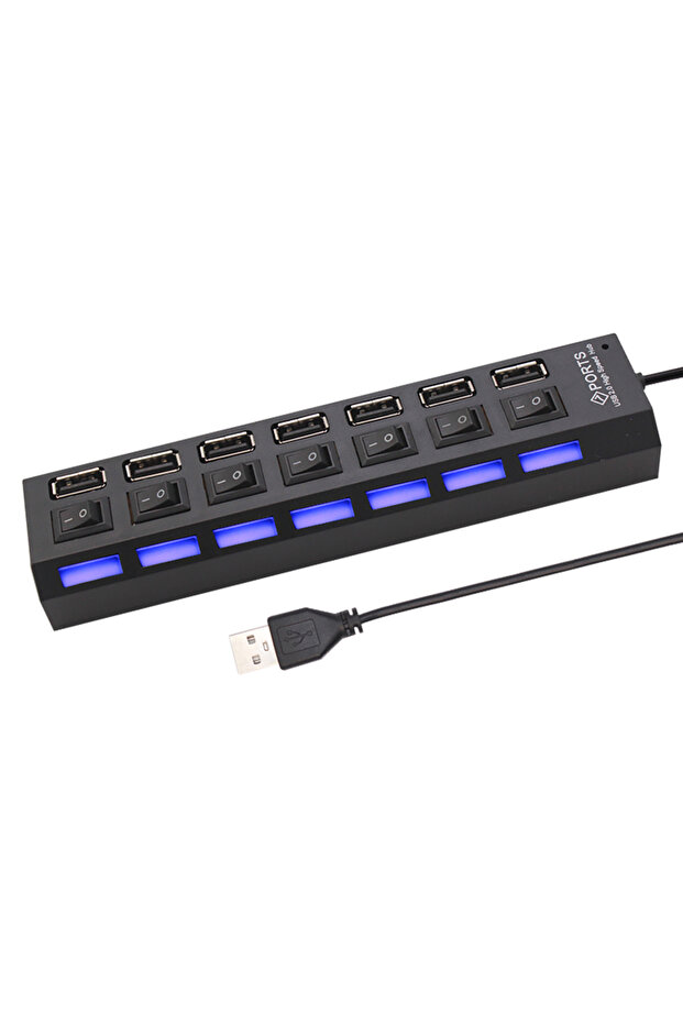 موزع USB 2.0 أسود بـ 7 منافذ مع مفتاح تشغيل/إيقاف ومحول طاقة USB متعدد المنافذ