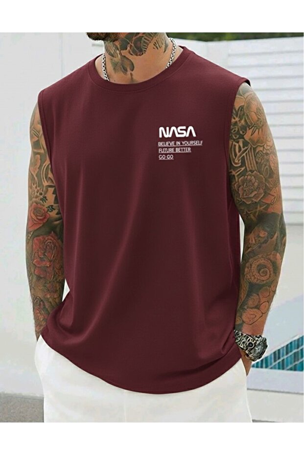 Men's Nasa Printed Crew Neck Zero Sleeve T-Shirt