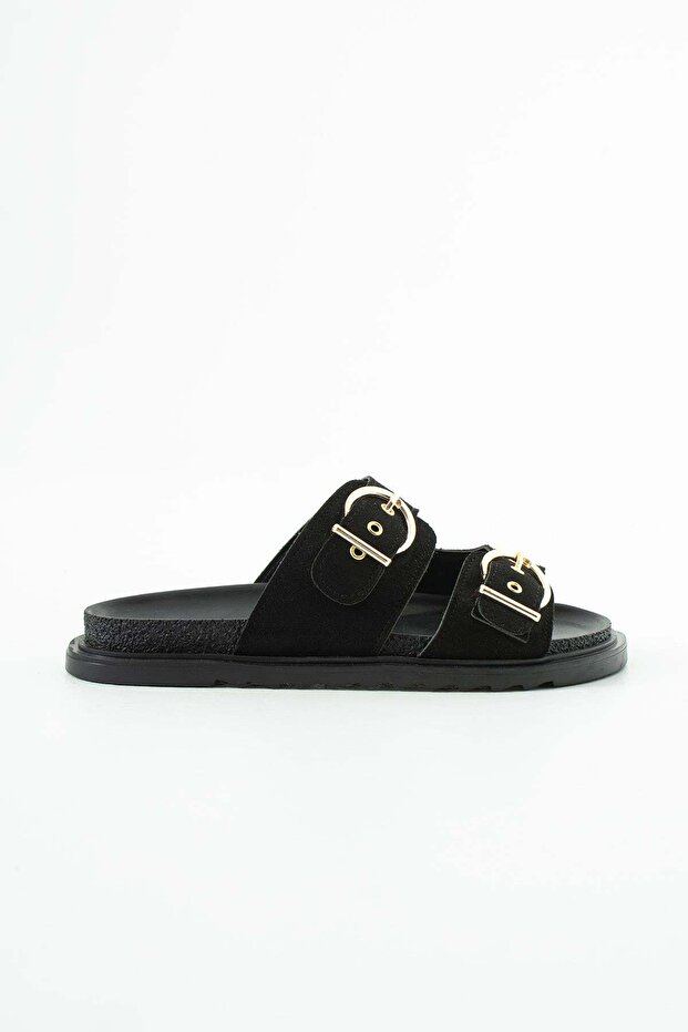 Brew Black Suede Slippers with Gold Buckle Detail