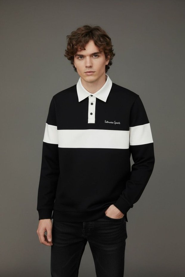 Interview Snap Fastener Polo Collar Combination Black Ecru Sweatshirt