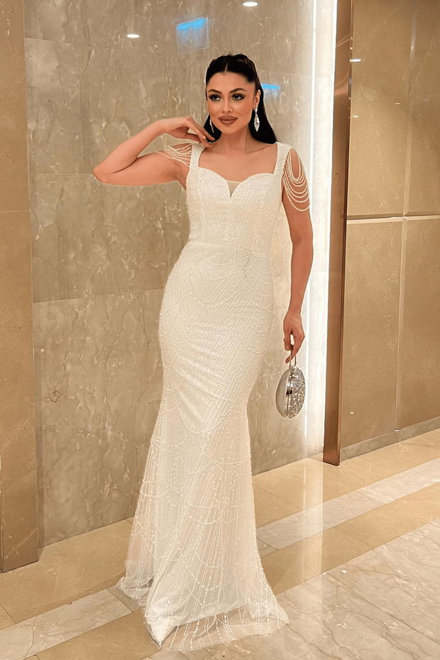 Full Beaded Fabric Shoulder Detailed Evening Dress - White