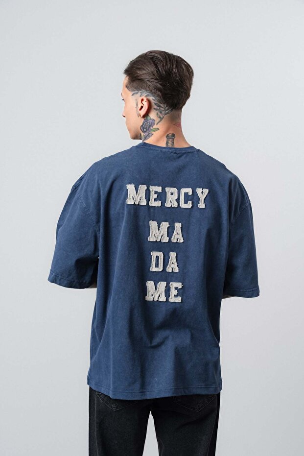 Men's Mercy Embroidered Washable Oversize T-Shirt Navy Blue