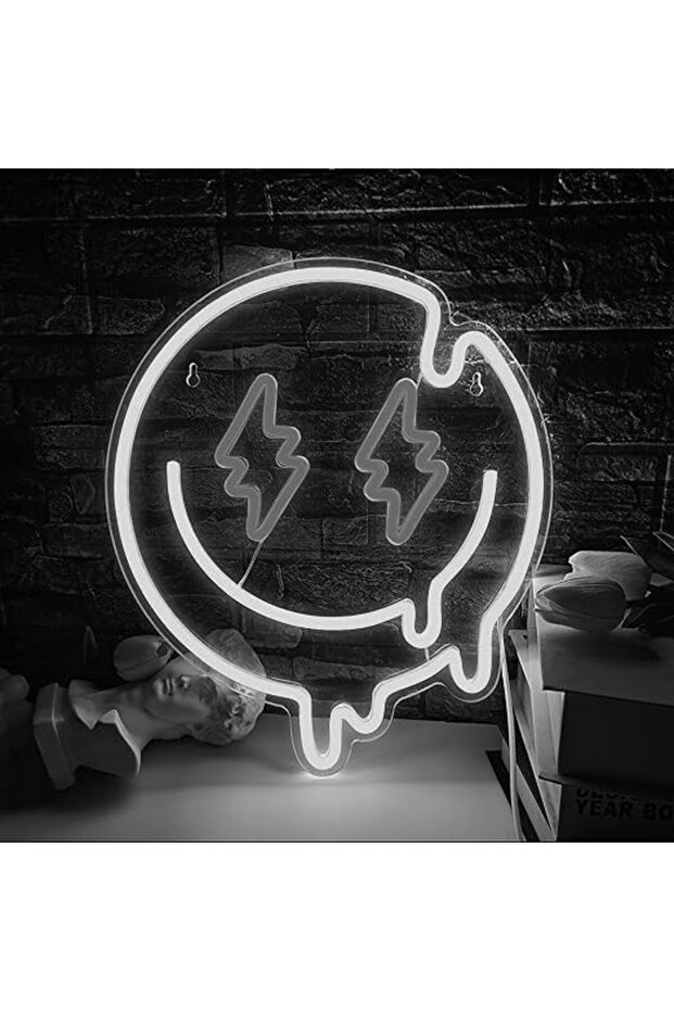 لافتة نيون LED على شكل ابتسامة بتأثير البرق 35×30 سم، ضوء أبيض، قاعدة أكريليك 6 مم، ديكور لغرفة النوم والاستوديو