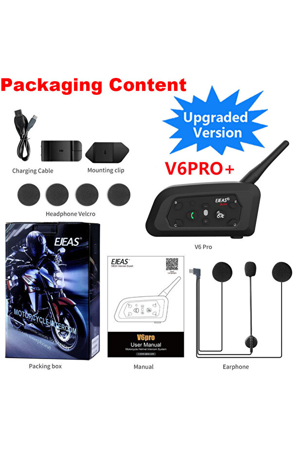سماعة رأس بلوتوث EJEAS V6 PRO+ للدراجات النارية مع نظام اتصال لـ 6 راكبين مقاومة للماء