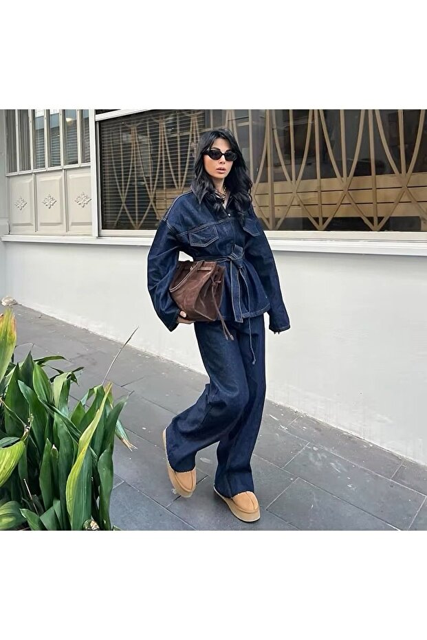 بدلة دينيم قابلة للغسل مع حزام وربطة عنق