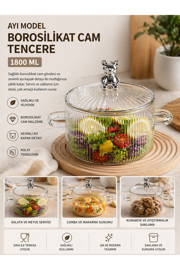Borosilicate Glass Pot with Bear Figure Lid – Heat Resistant Transparent Serving Pot 1800 ml
