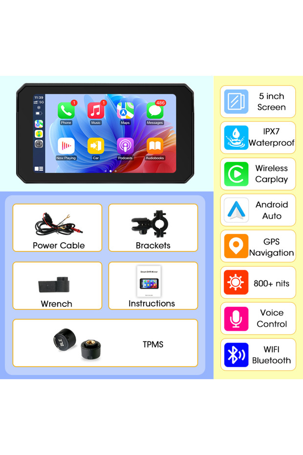شاشة ملاحة GPS للدراجات النارية من نوع MT-TPMS Jansite مع بلوتوث مزدوج وCarplay، مقاومة للماء بدرجة IP67