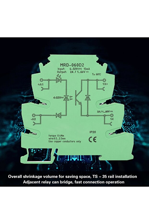 وحدة ريلاي الحالة الصلبة DC MRD-060D2 فائقة النحافة 6.2 مم، وحدة ريلاي الحالة الصلبة بمدخل 4-32 فولت تيار مستمر، ريلاي DIN Rail NO