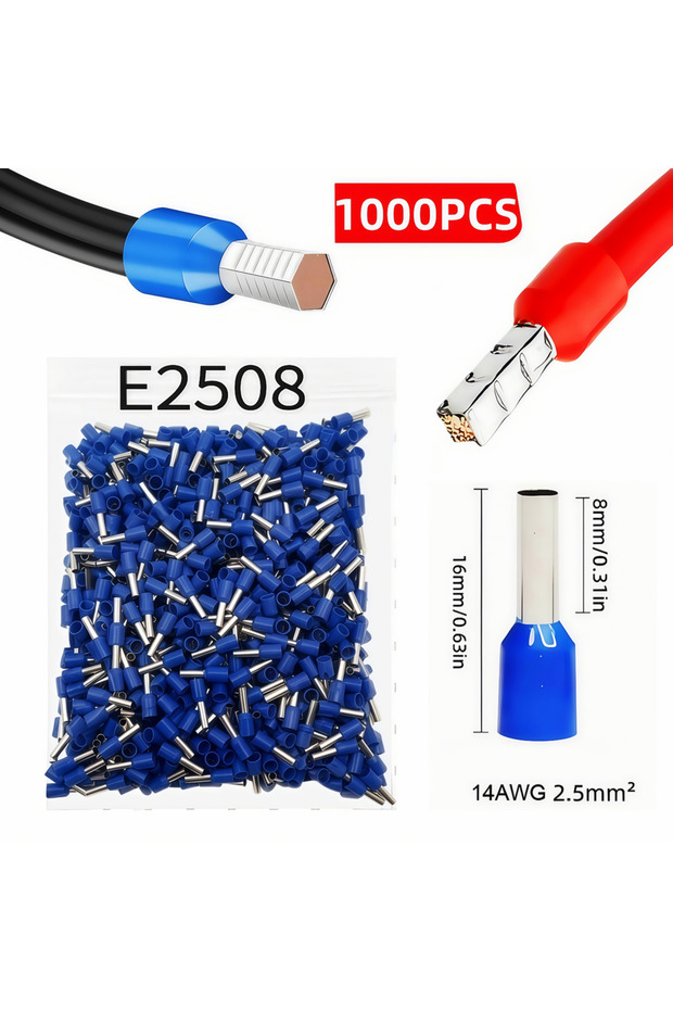 E2508-أزرق 1000 قطعة أطراف توصيل أنبوبية للأسلاك الكهربائية E0508 E7508 E10