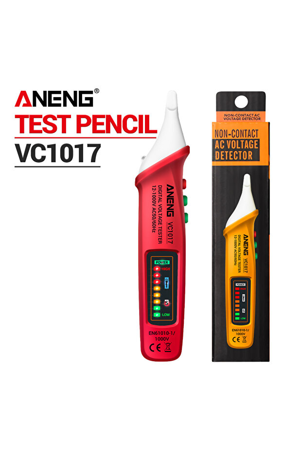 جهاز قياس الجهد الكهربائي الرقمي ANENG VC1017 (أحمر مع علبة) متعدد الوظائف مع خاصية الكشف عن الجهد بدون تلامس (NCV) وقياس تلقائي للجهد من 12 فولت فما فوق