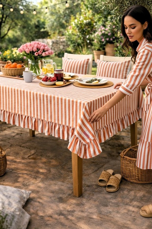 Buldan Linen Ruffled Vintage Orange Striped Tablecloth