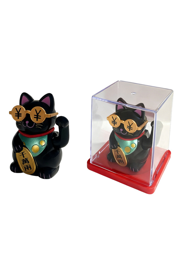 black Mini Solar Powered Lucky Cat Figurine With Acrylic Box for Desktop Decor Office & Car Dashboar