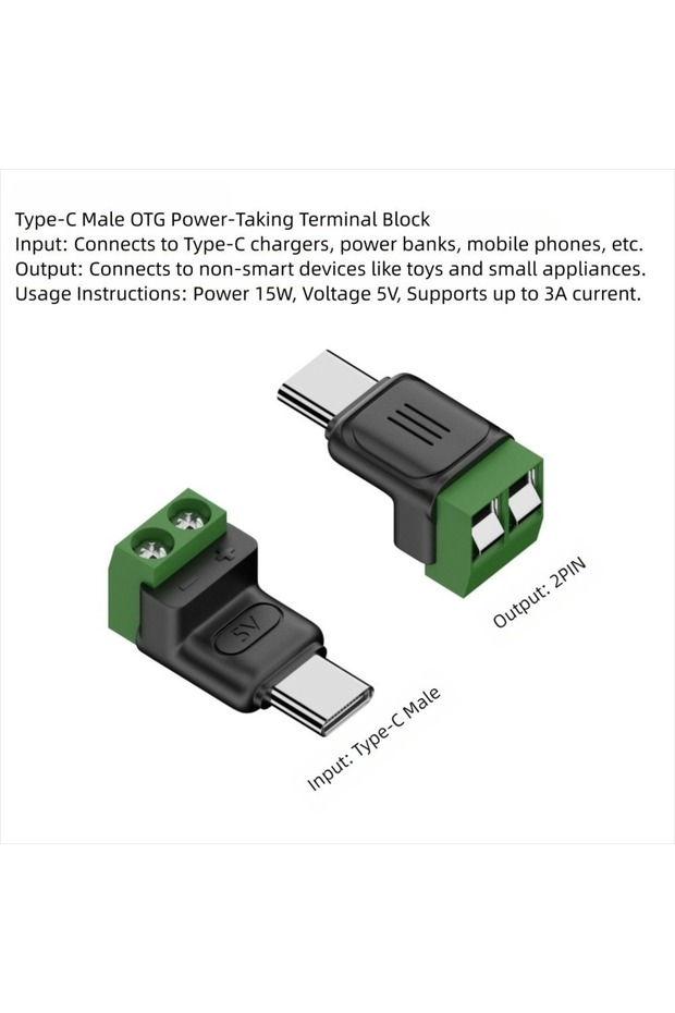 C-Male Power-Taking USB C to 2Pin Screw Terminal Adapter Solderless Plug Type-C to 2 Pin Crimp 5V 3A