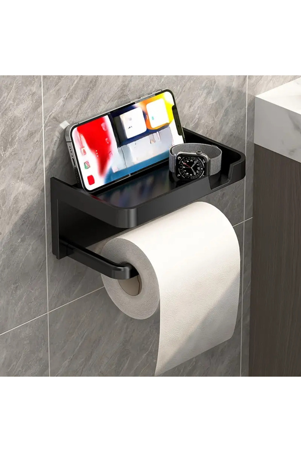 black 1 Pack Wall-Mounted No-Drill Toilet Paper Holder with Shelf and Phone Holder, Polypropylene Ma