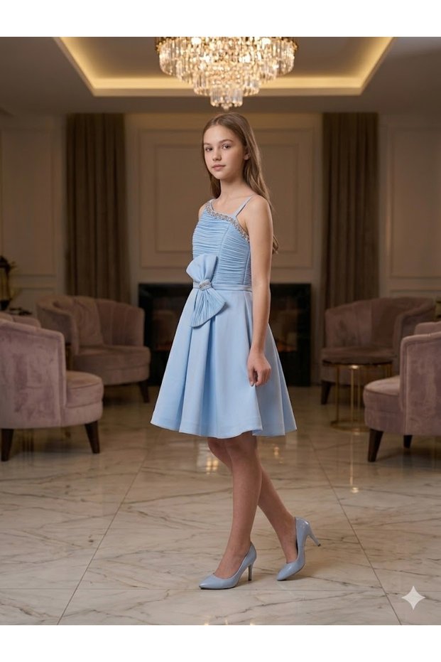 Stone Detailed Strap Girls' Evening Dress Graduation Dress