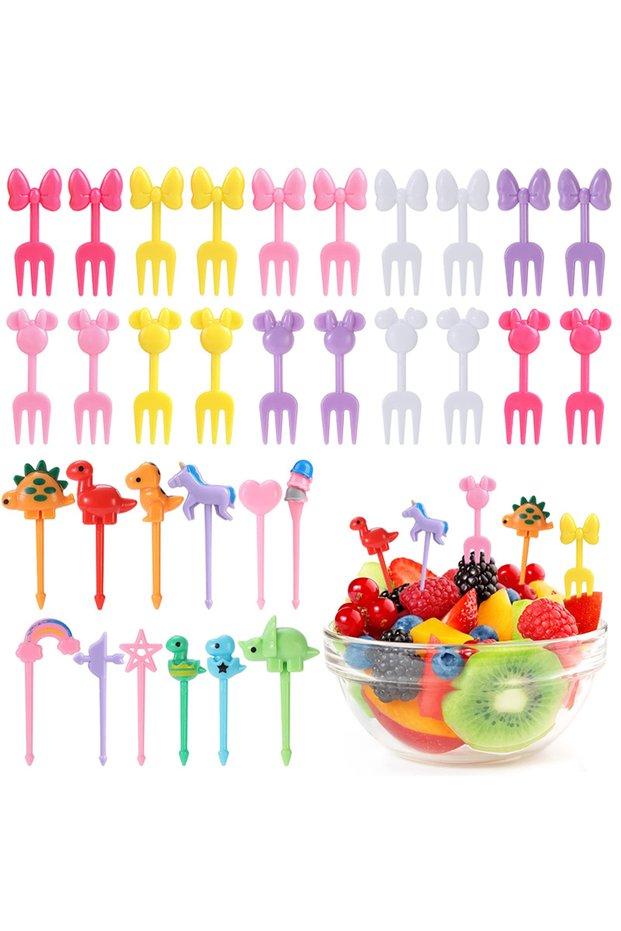 black 32Pcs Food Picks for Kids Children Cute Cartoon Snack Fruit Forks Reusable Mini Cake Dessert T
