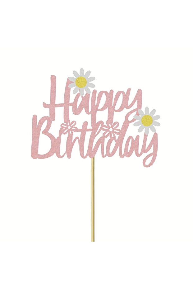 Pink Happy Birthday" Daisy Cake Topper - Pink Cursive Design with White Daisies, Bamboo Stand for Fe