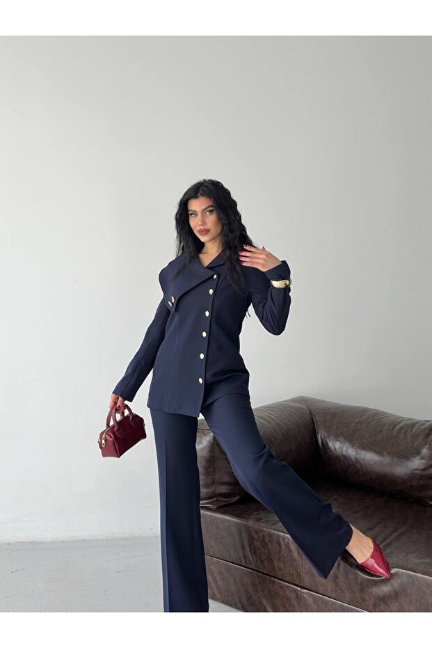 Women's Double-Breasted Blazer Jacket Pants Set Stylish Button Detail Modern Office Formal Suit