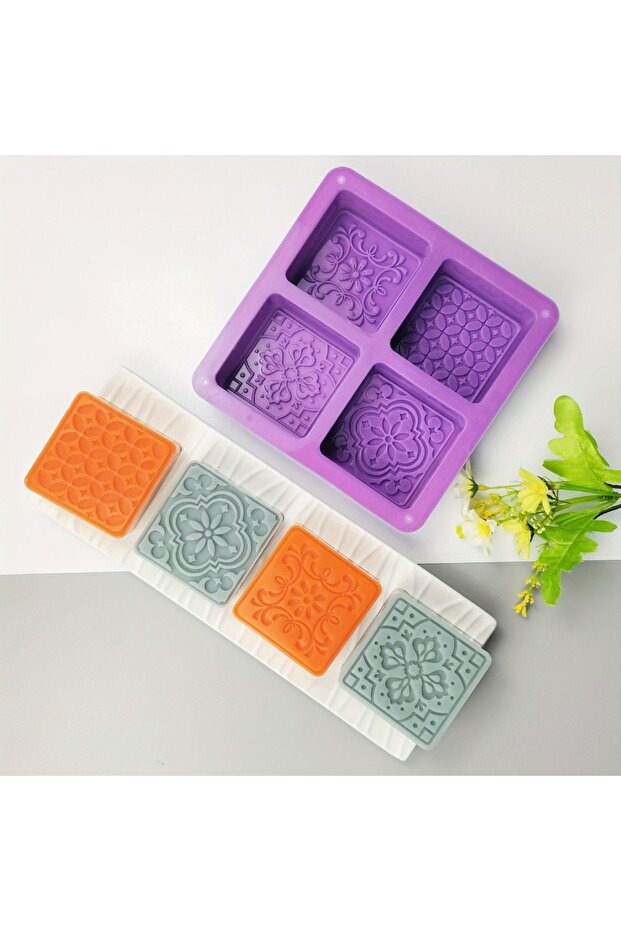 Purple 1Piece 4-Cavity Square Soap Mold Flower Soap Making Molds Square Candle DIY Mould Silicone Ch