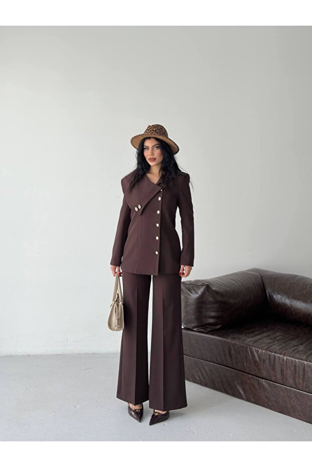 Women's Double-Breasted Blazer Jacket Pants Set Stylish Button Detail Modern Office Formal Suit