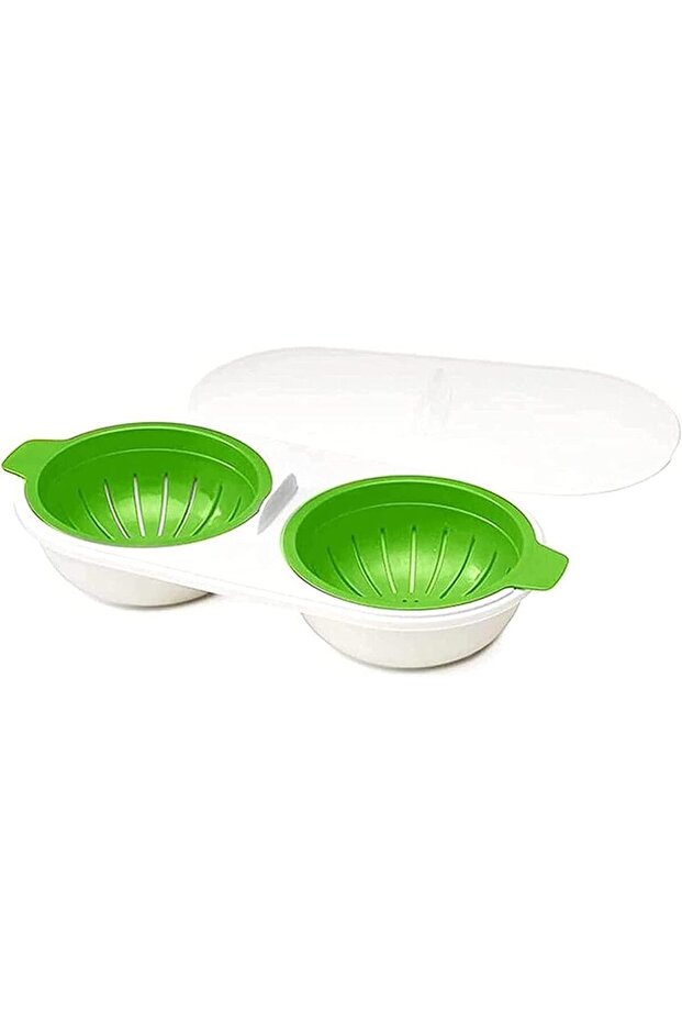 green One Set Of Microwave Eggs Poacher, Microwave Double Egg Boiler, 2 Cups Design Cookware, Kitche